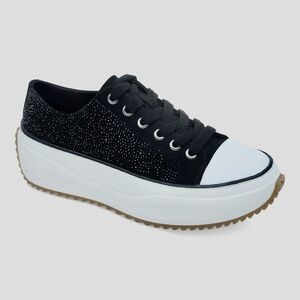 Wild Pair Black Rhinestone Platform Lace-Up Sneaker with White Toe Cap